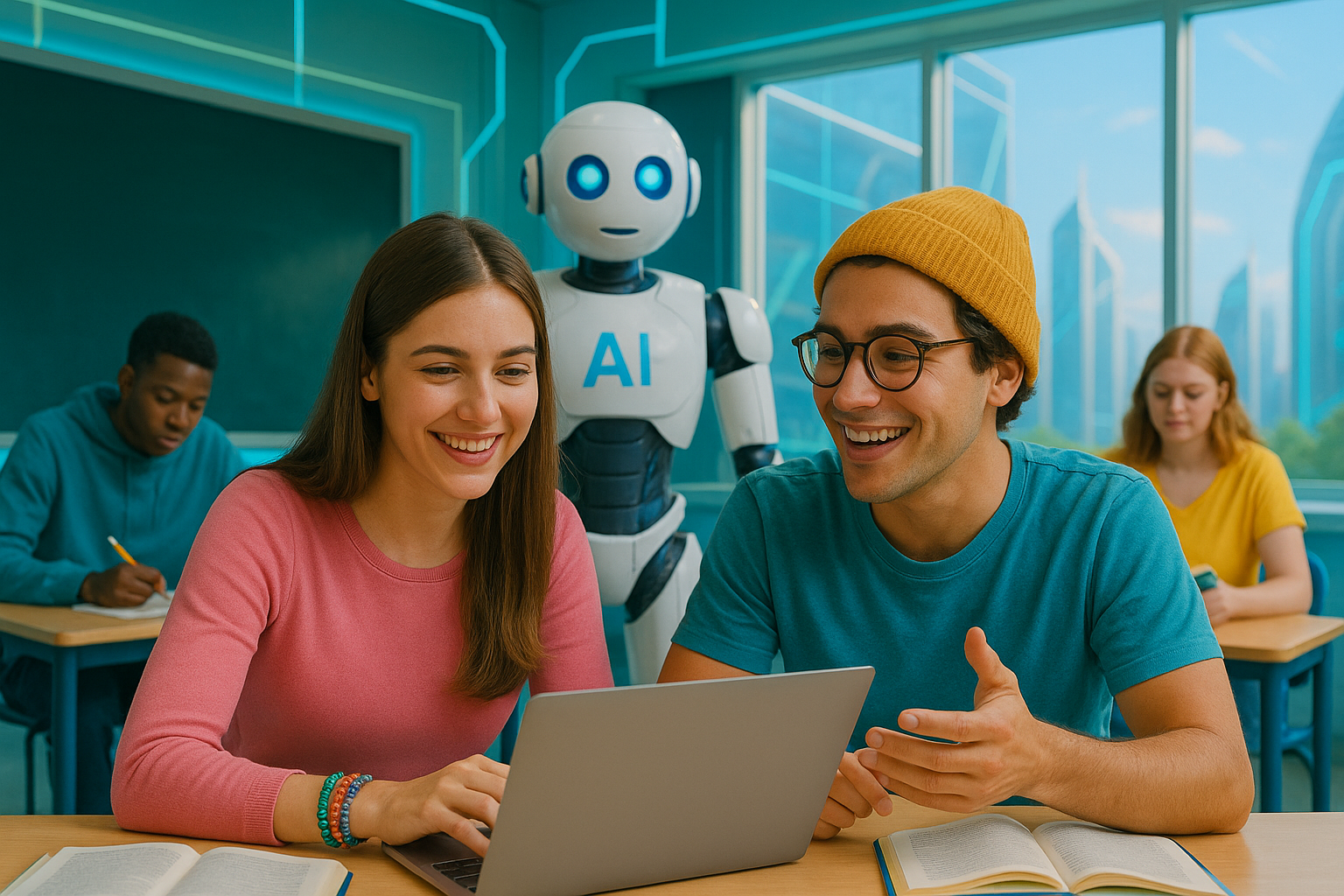 2 eleves en salle de classe futuriste devant un ordinateur avec IA en cours