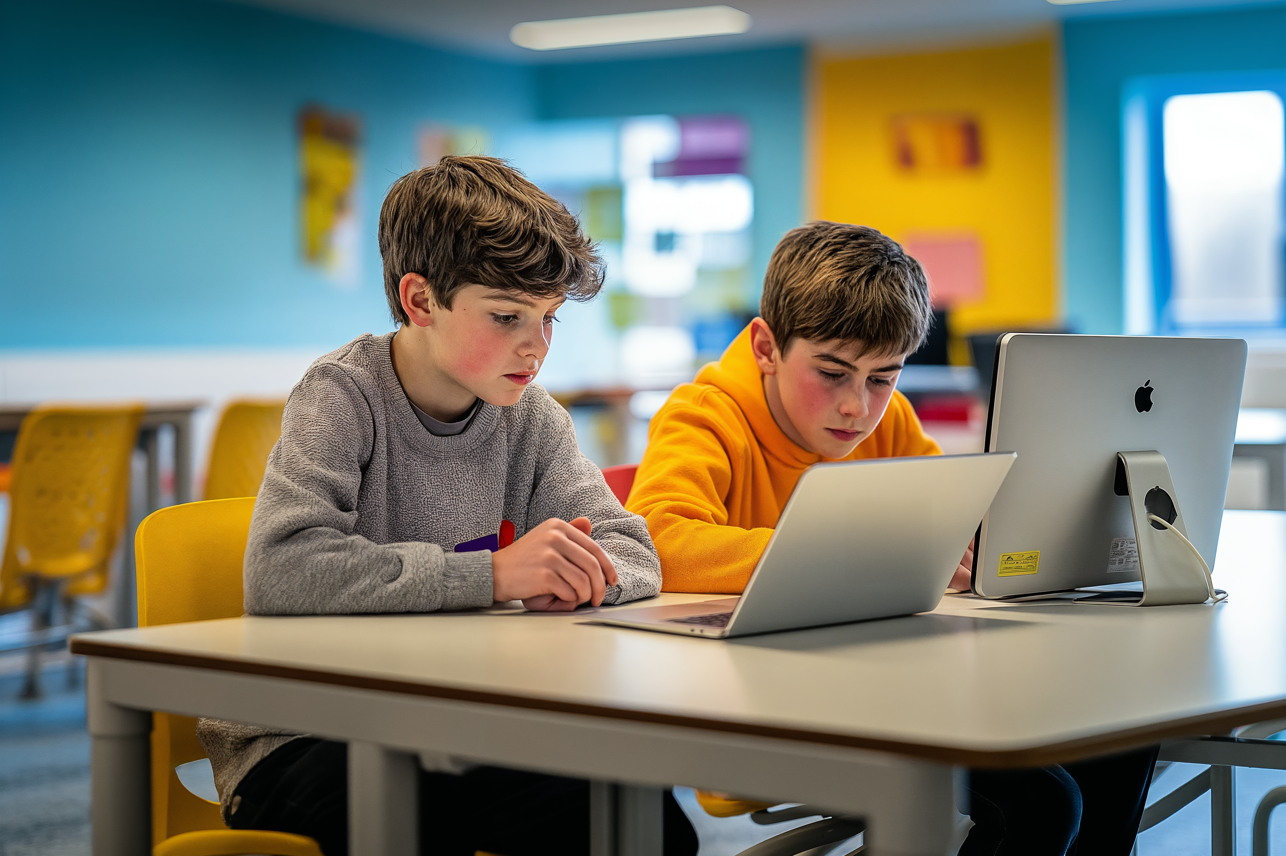 2 garçons en salle de classe en train de etudier sur une table