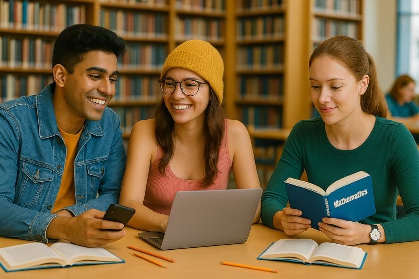 3 etudiants dans bibliotheque utilisant IA pour etudier