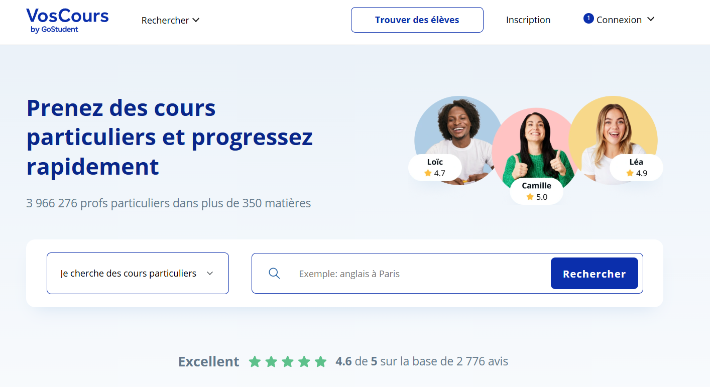 Alternative a Babbel - Page accueil de la plateforme de cours particuliers VosCours