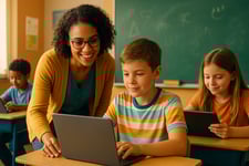 Apprentissage numerique - Une maitresse en salle de classe et ses eleves sur ordinateurs pour apprendre