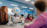 Eleves du futur en salle de classe avec un Robot pour apprendre Gostudent