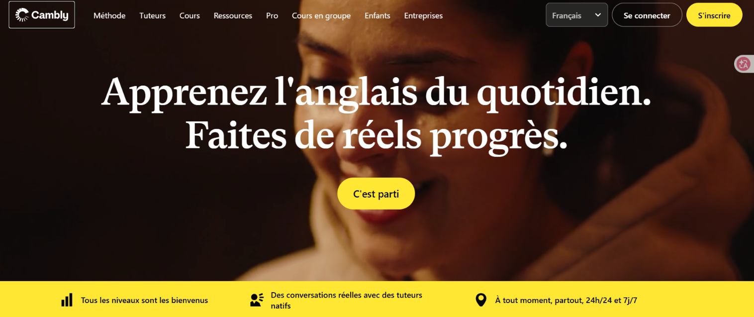 Image de la page accueil du site Cambly