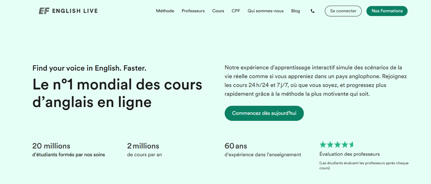Image de la page daccueil du site EF English Live