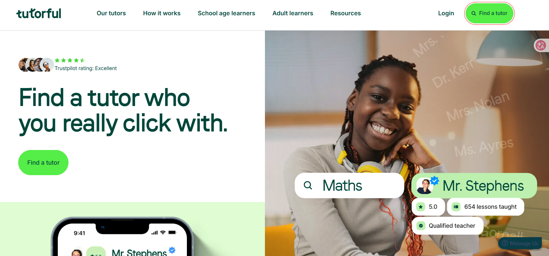 Image of Tutorful homepage for tutoring