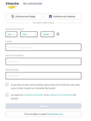Quizlet s'inscrire