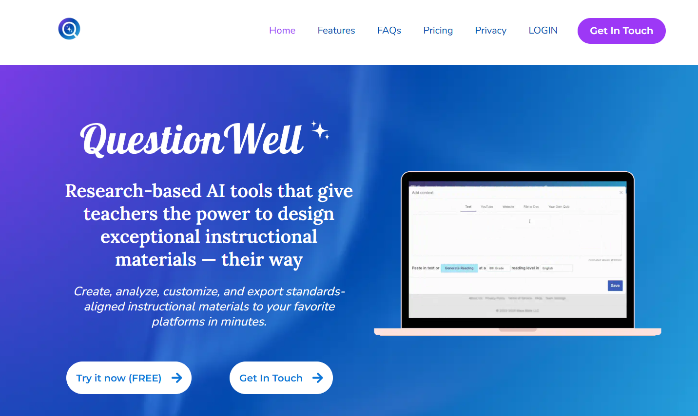 Page accueil du Generateur de quiz en ligne - QuestionWell - GoStudent