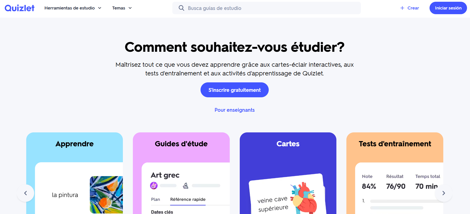 Page accueil du Generateur de quiz en ligne - Quizlet - GoStudent