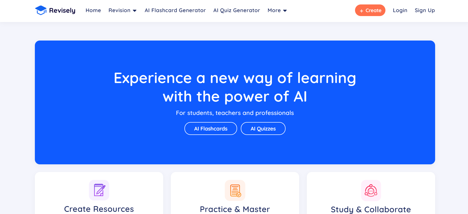 Page accueil du Generateur de quiz en ligne - Revisely - GoStudent