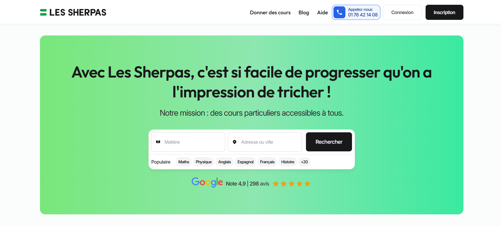 Page accueil du site de cours particuliers Les Sherpas