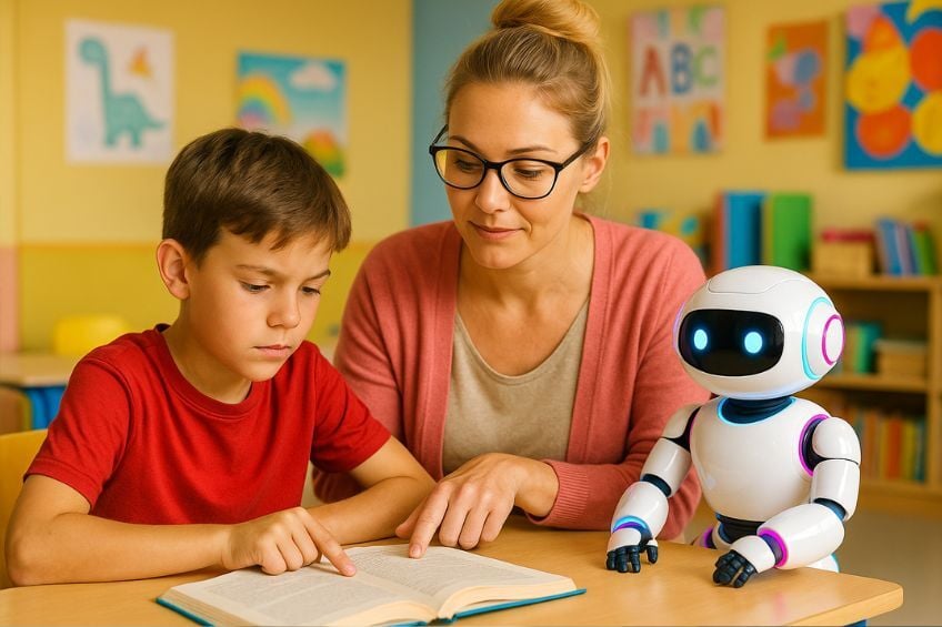 Scolarisation enfants dyslexiques - Une maitresse decole enseignant a lire a un jeune garcon