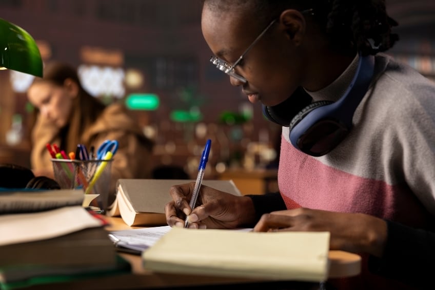 Statistiques sur la motivation scolaire - une jeune fille motivee en train de etudier dans une bibliotheque