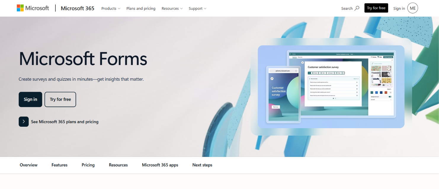 Picture of Microsoft Forms homepage