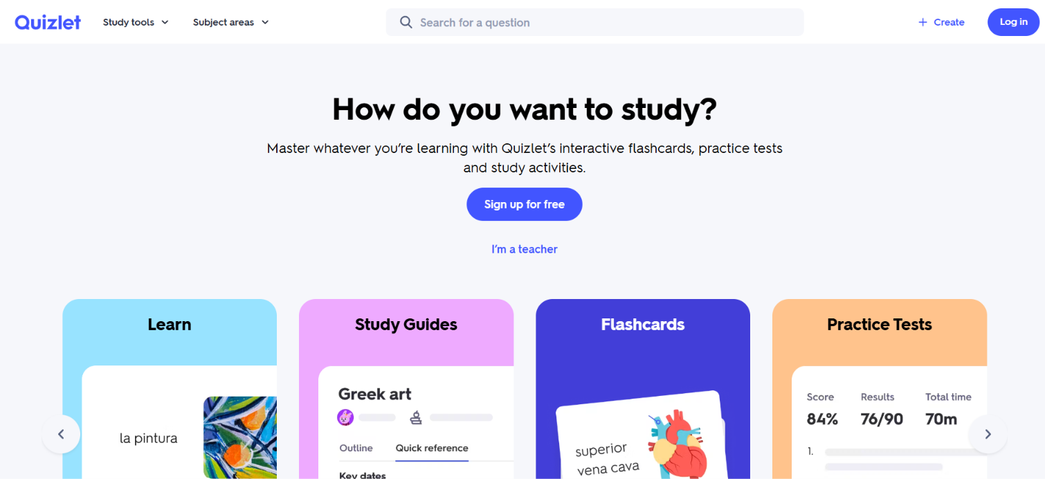 Picture of Quizlet website homepage