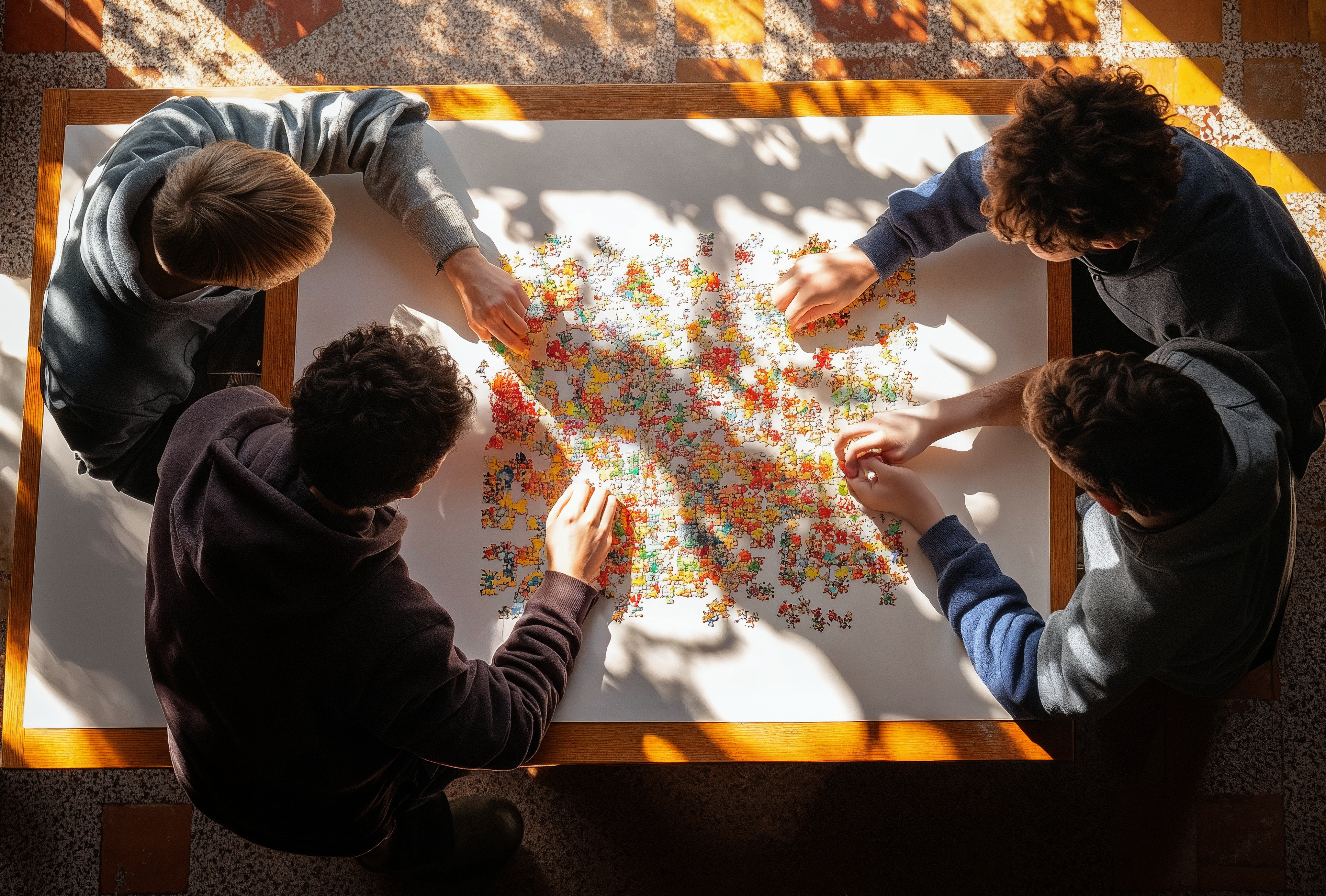 un groupe de 4 eleves penches sur une table en train faire un puzzle