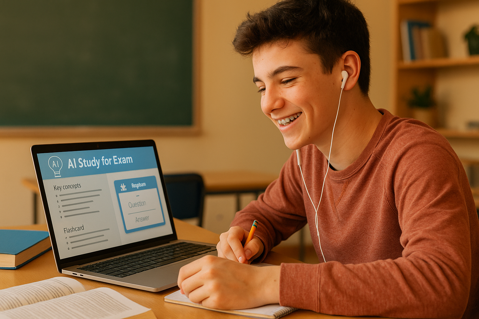 IA pour faire des fiches de revision - Lyceen devant son ordinateur en train reviser ses cours et preparer ses fiches pour un examen