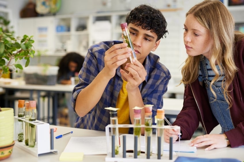 deux lyceens en cours de physique chimie dans un laboratoire