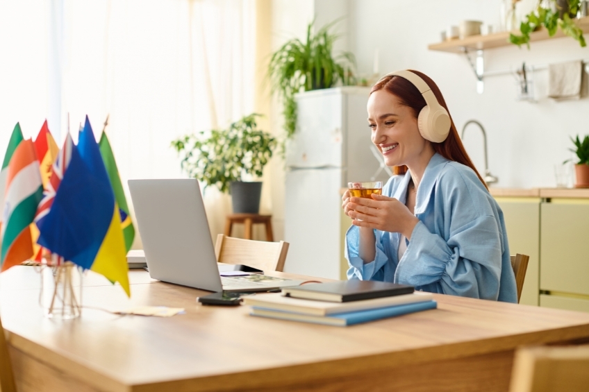 young-woman-learning-a-language-in-online-tutoring-lesson-holding-a-cup-of-tea